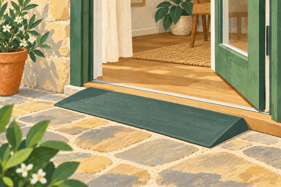 Illustration d’une rampe basse placée devant le seuil d’une porte ouverte.